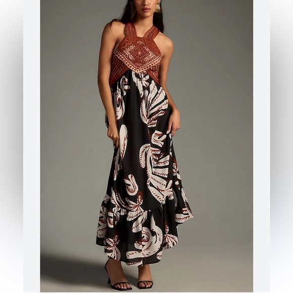 Anthropologie Dresses & Skirts - ANTHROPOLOGIE Boho Granola Party Deco Print Halter Floral Cotton BRN/BLK Maxi 12